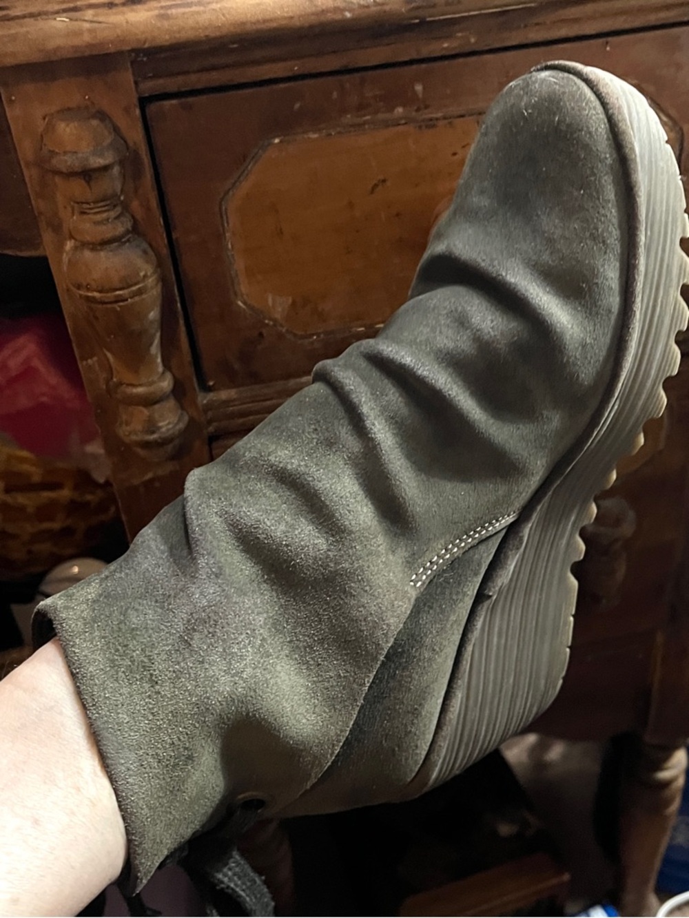 Fly London Yama Booties Green Suede Wedges Women's UK 38 US 7.5-8 Back Laceup